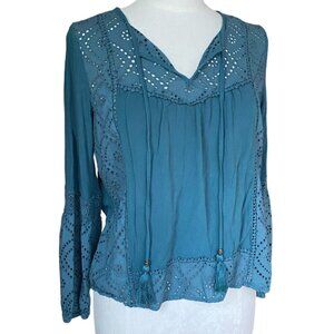Knox Rose Eyelet Boho Top Teal Blue Tassel Peasant Boho Cottage Long Sleeve-M